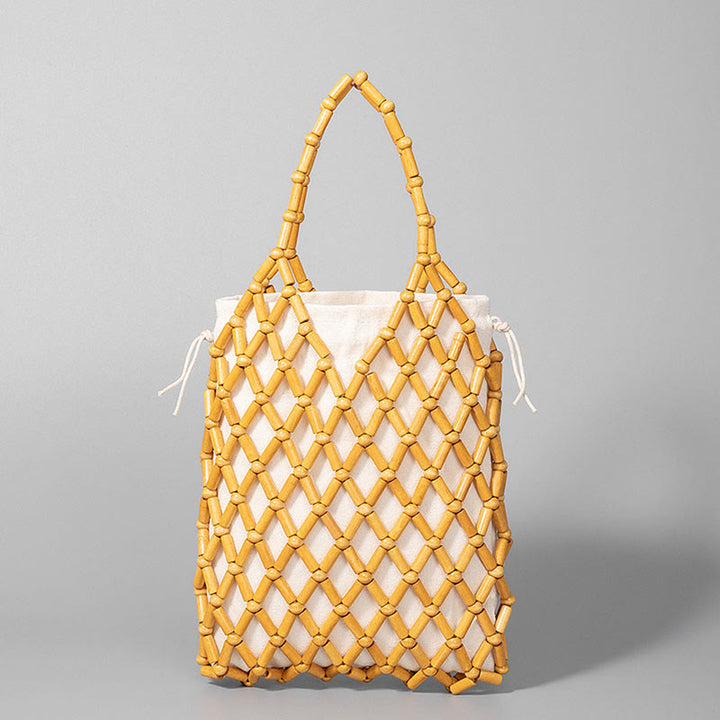 Buddha Stones Hand-woven Mesh Hollow Wooden Beads Handbag - Khaki 15*4*25cm - image 9