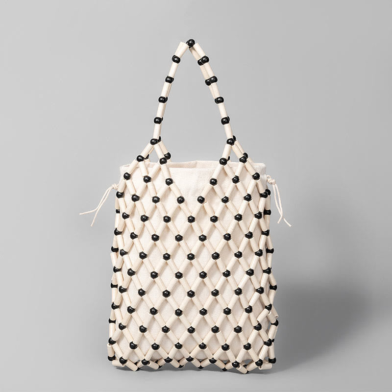 Buddha Stones Hand-woven Mesh Hollow Wooden Beads Handbag - White&Black 15*4*25cm - image 17
