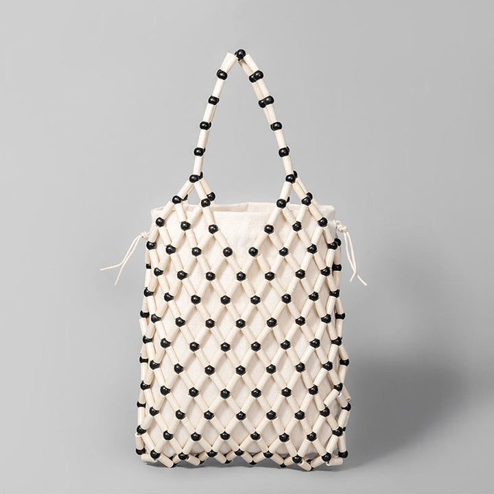 Buddha Stones Hand-woven Mesh Hollow Wooden Beads Handbag - White&Black 15*4*25cm - image 17