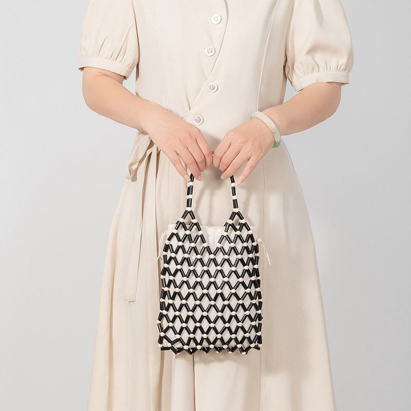 Buddha Stones Hand-woven Mesh Hollow Wooden Beads Handbag - image 1