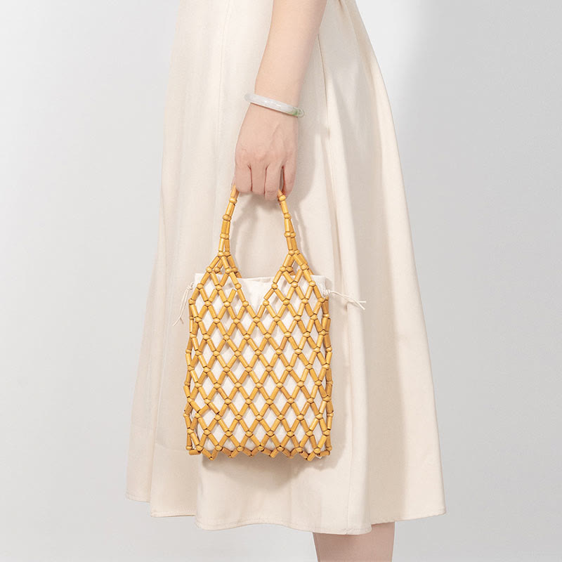 Buddha Stones Hand-woven Mesh Hollow Wooden Beads Handbag - image 16