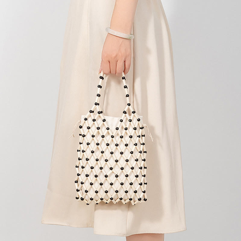 Buddha Stones Hand-woven Mesh Hollow Wooden Beads Handbag - image 19