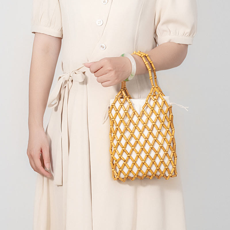 Buddha Stones Hand-woven Mesh Hollow Wooden Beads Handbag - image 14