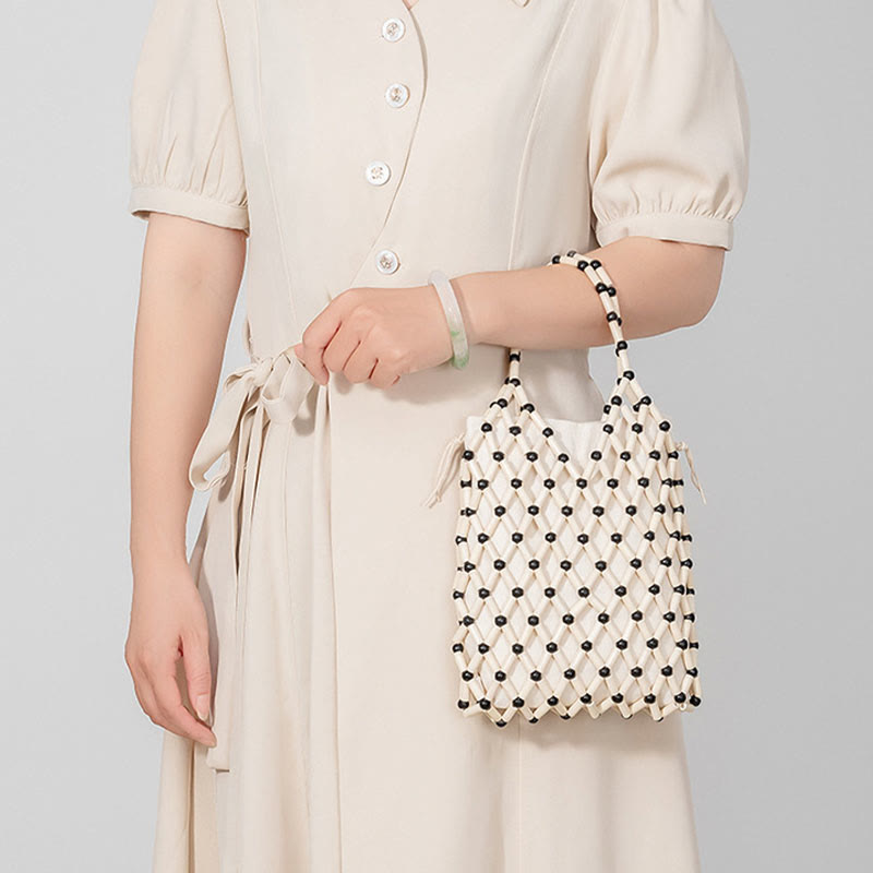 Buddha Stones Hand-woven Mesh Hollow Wooden Beads Handbag - image 18