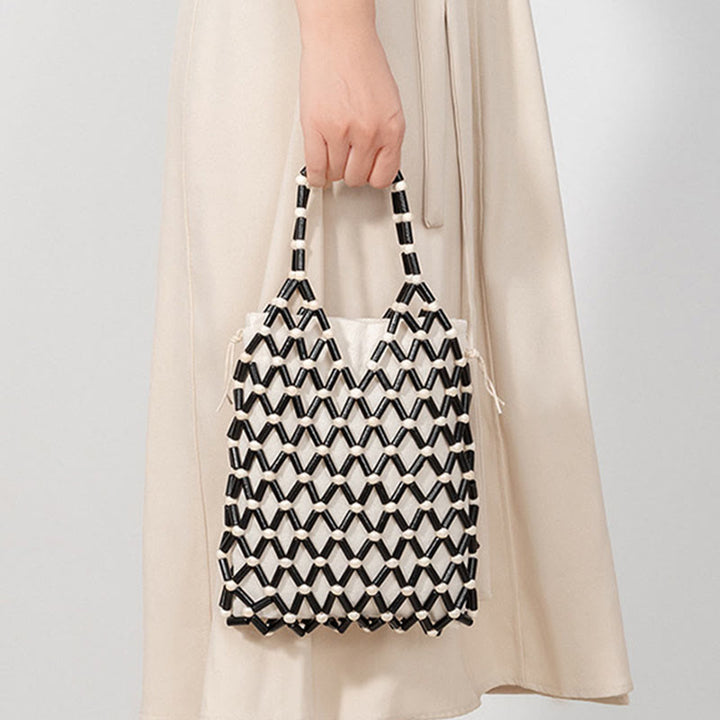 Buddha Stones Hand-woven Mesh Hollow Wooden Beads Handbag - image 2
