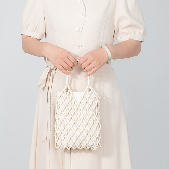 Buddha Stones Hand-woven Mesh Hollow Wooden Beads Handbag - image 5