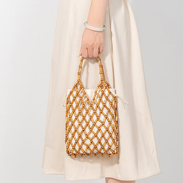 Buddha Stones Hand-woven Mesh Hollow Wooden Beads Handbag - image 8