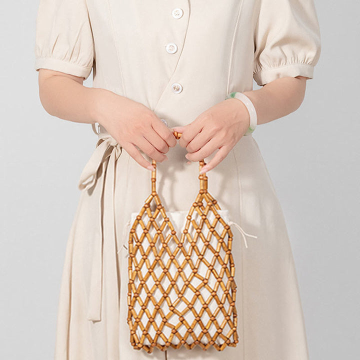 Buddha Stones Hand-woven Mesh Hollow Wooden Beads Handbag - image 7