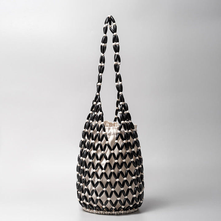 Buddha Stones Hand-woven Wooden Beads Bucket Shoulder Bag Handbag - Black 16.5*16.5*36cm - image 0