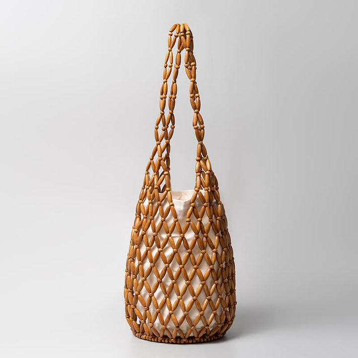 Buddha Stones Hand-woven Wooden Beads Bucket Shoulder Bag Handbag - Brown 16.5*16.5*36cm - image 10