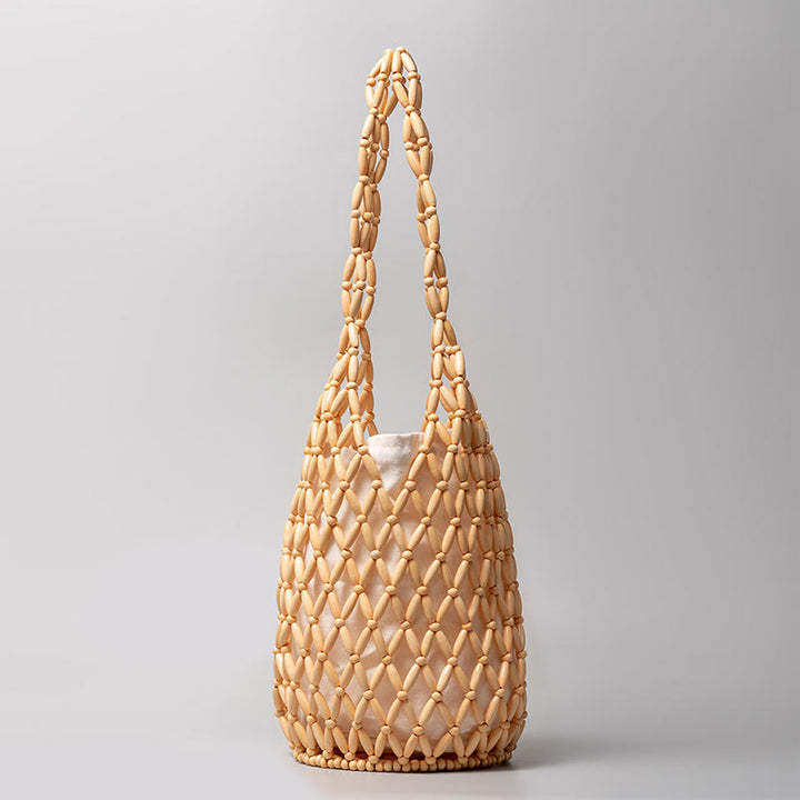 Buddha Stones Hand-woven Wooden Beads Bucket Shoulder Bag Handbag - Beige 16.5*16.5*36cm - image 11
