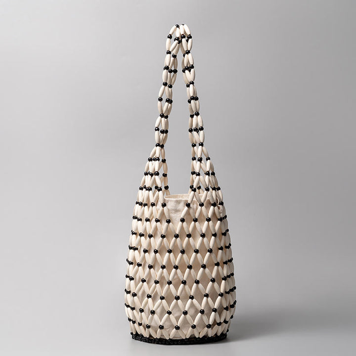 Buddha Stones Hand-woven Wooden Beads Bucket Shoulder Bag Handbag - White&Black 16.5*16.5*36cm - image 12