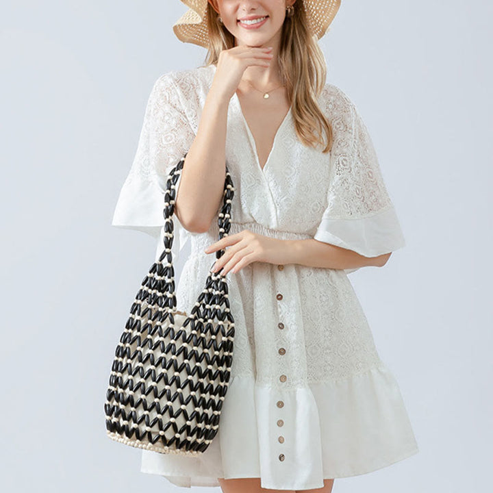 Buddha Stones Hand-woven Wooden Beads Bucket Shoulder Bag Handbag - image 5