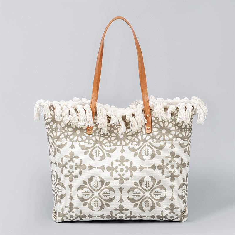 Buddha Stones Large Capacity Boho Geometry Print Tassel Canvas Tote Shoulder Bag - Beige Flowers 50*10*32cm - image 7