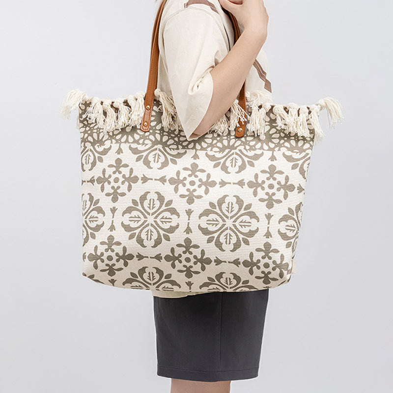 Buddha Stones Large Capacity Boho Geometry Print Tassel Canvas Tote Shoulder Bag - image 8