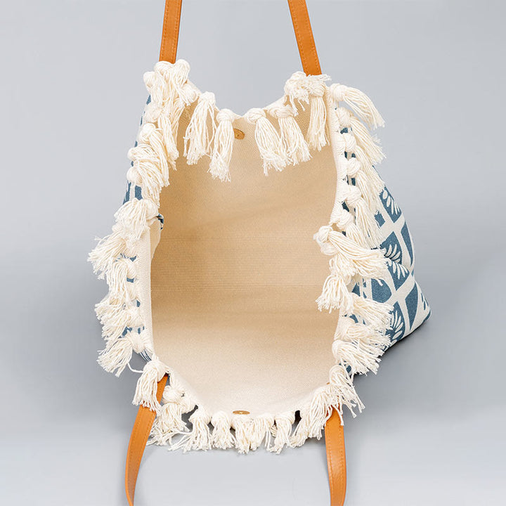 Buddha Stones Large Capacity Boho Geometry Print Tassel Canvas Tote Shoulder Bag - image 1