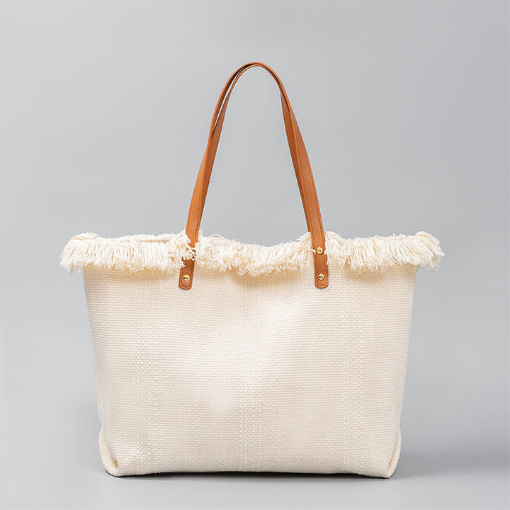 Buddha Stones Large Capacity Solid Color Tassel Canvas Tote Shoulder Bag - White 50*10*35cm - image 10