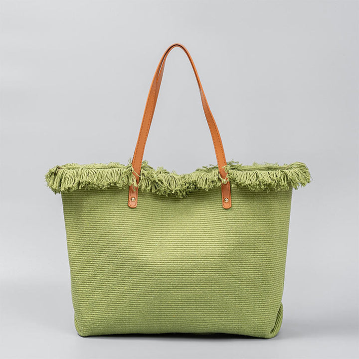 Buddha Stones Large Capacity Solid Color Tassel Canvas Tote Shoulder Bag - Green 50*10*35cm - image 13