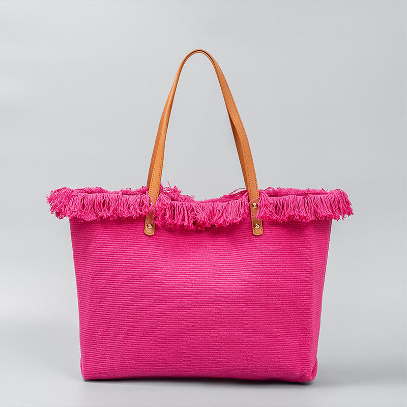 Buddha Stones Large Capacity Solid Color Tassel Canvas Tote Shoulder Bag - Rose Red 50*10*35cm - image 7