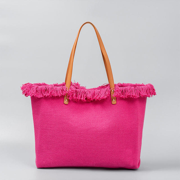 Buddha Stones Large Capacity Solid Color Tassel Canvas Tote Shoulder Bag - Rose Red 50*10*35cm - image 7
