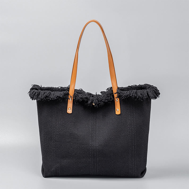 Buddha Stones Large Capacity Solid Color Tassel Canvas Tote Shoulder Bag - Black 50*10*35cm - image 12