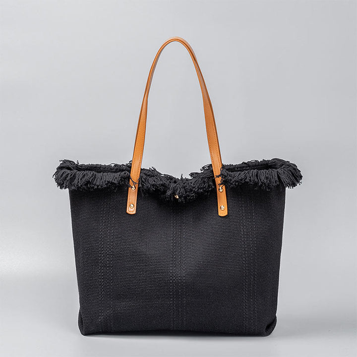 Buddha Stones Large Capacity Solid Color Tassel Canvas Tote Shoulder Bag - Black 50*10*35cm - image 12