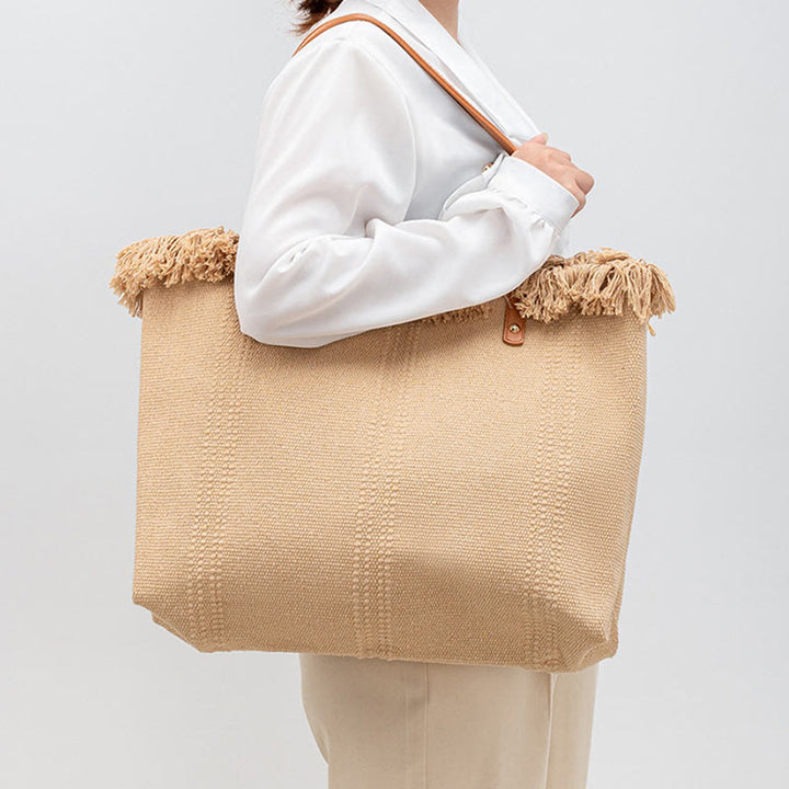 Buddha Stones Large Capacity Solid Color Tassel Canvas Tote Shoulder Bag - image 5