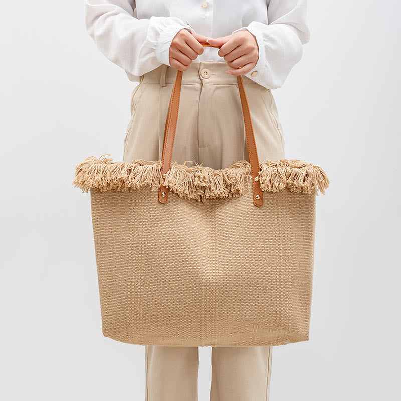 Buddha Stones Large Capacity Solid Color Tassel Canvas Tote Shoulder Bag - Khaki 50*10*35cm - image 0