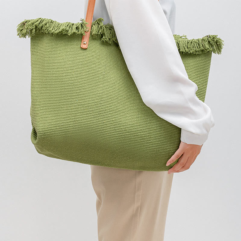 Buddha Stones Large Capacity Solid Color Tassel Canvas Tote Shoulder Bag - image 14