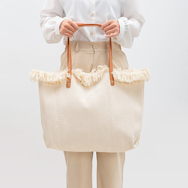 Buddha Stones Large Capacity Solid Color Tassel Canvas Tote Shoulder Bag - image 11