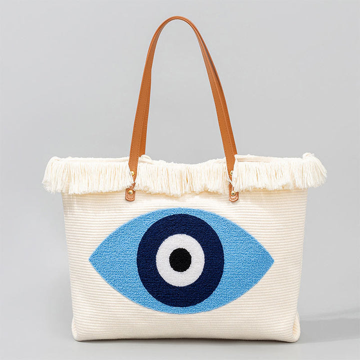 Buddha Stones Large Capacity Evil Eye Leaf Hamsa Tassel Canvas Tote Shoulder Bag - Evil Eye 50*10*35cm - image 0