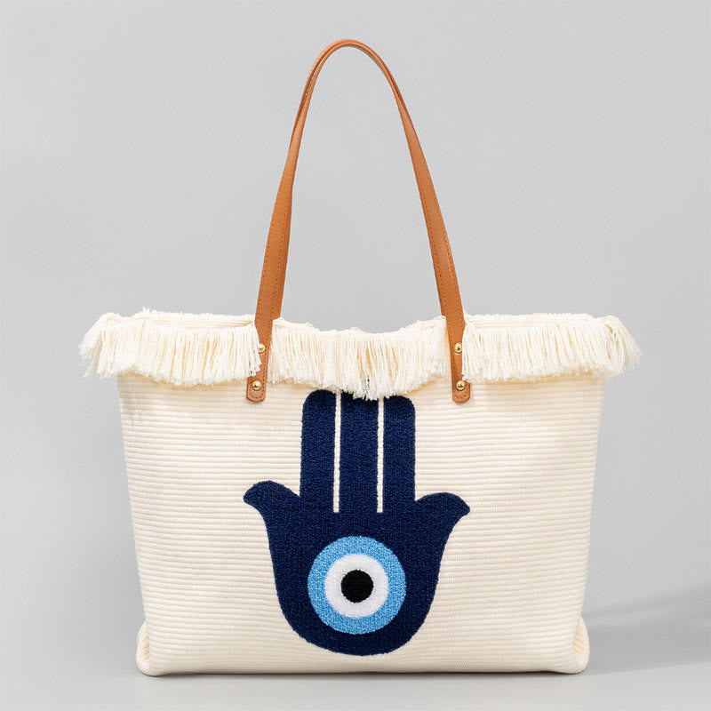 Buddha Stones Large Capacity Evil Eye Leaf Hamsa Tassel Canvas Tote Shoulder Bag - Hamsa 50*10*35cm - image 15