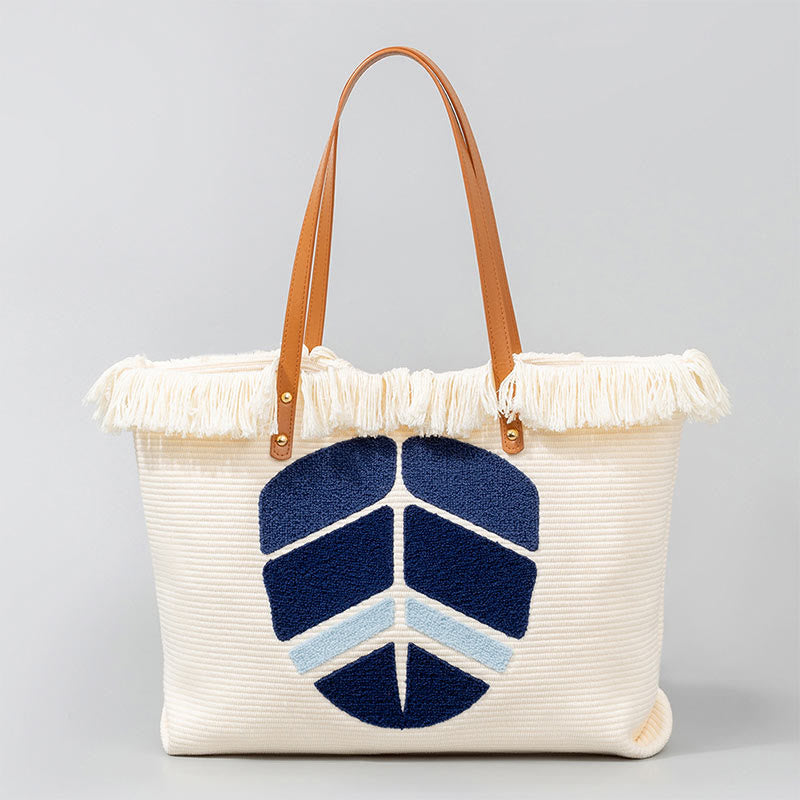 Buddha Stones Large Capacity Evil Eye Leaf Hamsa Tassel Canvas Tote Shoulder Bag - Leaf 50*10*35cm - image 11