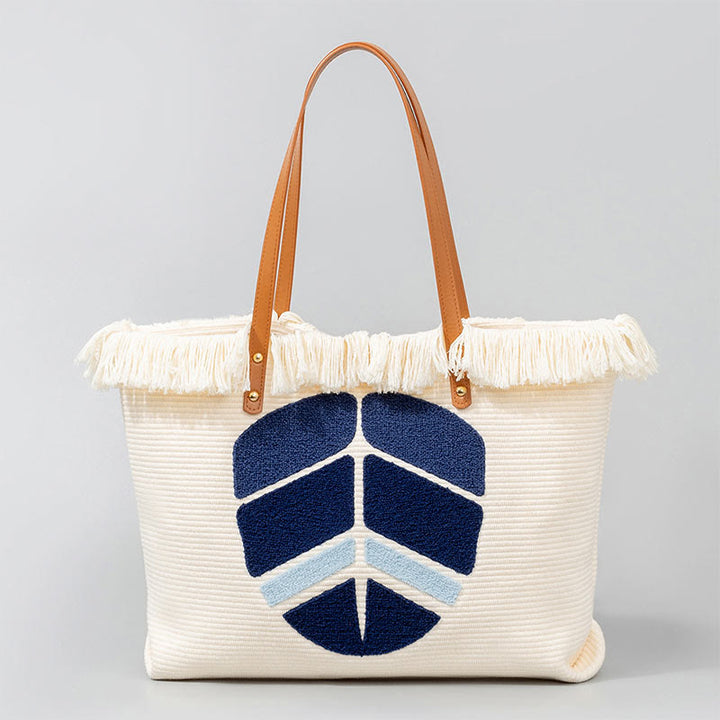 Buddha Stones Large Capacity Evil Eye Leaf Hamsa Tassel Canvas Tote Shoulder Bag - Leaf 50*10*35cm - image 11