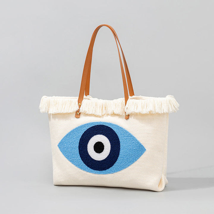 Buddha Stones Large Capacity Evil Eye Leaf Hamsa Tassel Canvas Tote Shoulder Bag - image 5