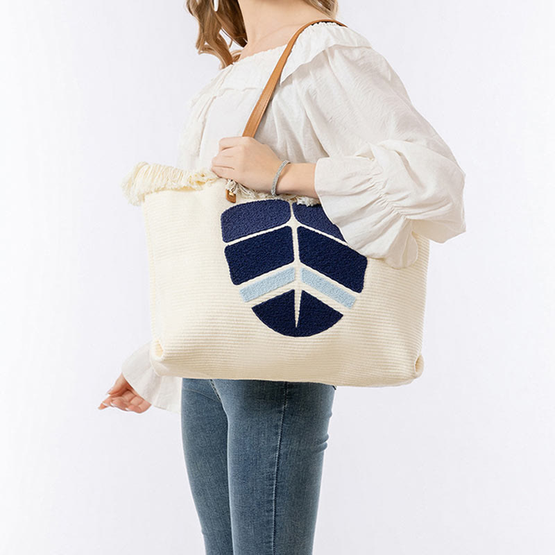 Buddha Stones Large Capacity Evil Eye Leaf Hamsa Tassel Canvas Tote Shoulder Bag - image 14