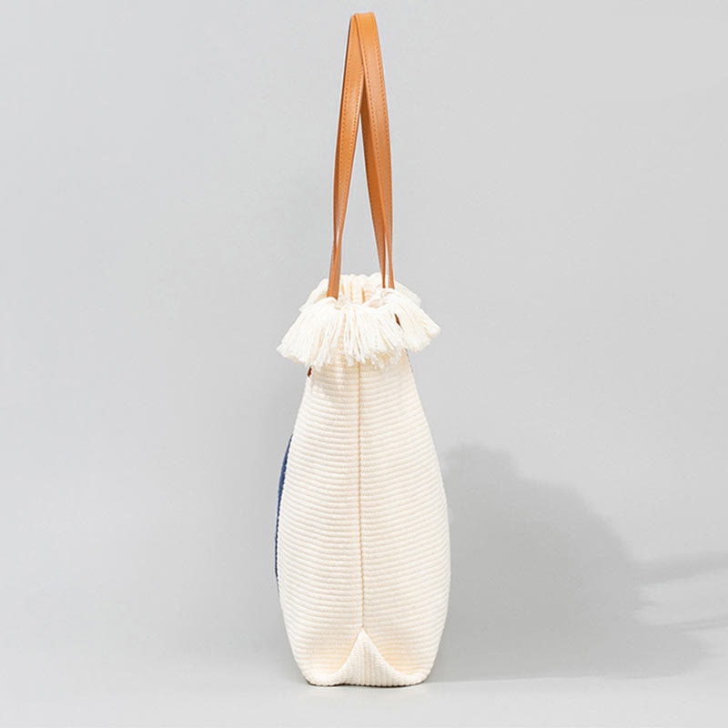 Buddha Stones Large Capacity Evil Eye Leaf Hamsa Tassel Canvas Tote Shoulder Bag - image 6