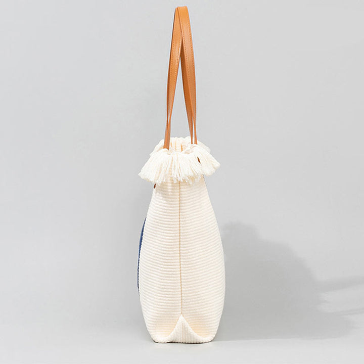 Buddha Stones Large Capacity Evil Eye Leaf Hamsa Tassel Canvas Tote Shoulder Bag - image 6