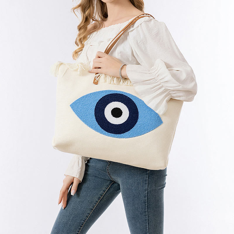 Buddha Stones Large Capacity Evil Eye Leaf Hamsa Tassel Canvas Tote Shoulder Bag - image 10