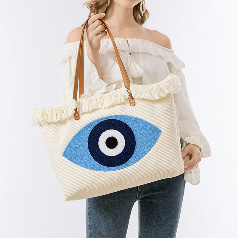 Buddha Stones Large Capacity Evil Eye Leaf Hamsa Tassel Canvas Tote Shoulder Bag - image 8