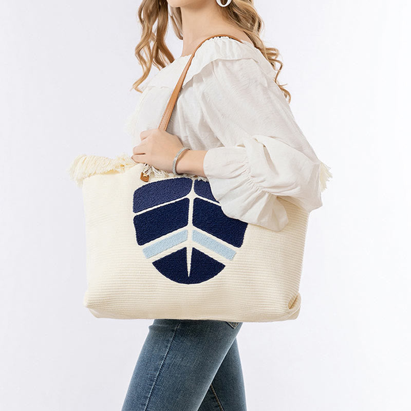 Buddha Stones Large Capacity Evil Eye Leaf Hamsa Tassel Canvas Tote Shoulder Bag - image 12