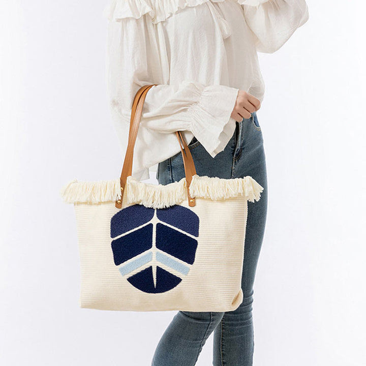 Buddha Stones Large Capacity Evil Eye Leaf Hamsa Tassel Canvas Tote Shoulder Bag - image 13