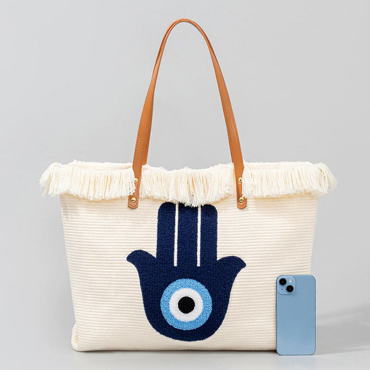 Buddha Stones Large Capacity Evil Eye Leaf Hamsa Tassel Canvas Tote Shoulder Bag - image 17