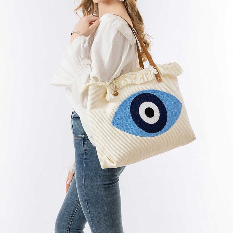Buddha Stones Large Capacity Evil Eye Leaf Hamsa Tassel Canvas Tote Shoulder Bag - image 9