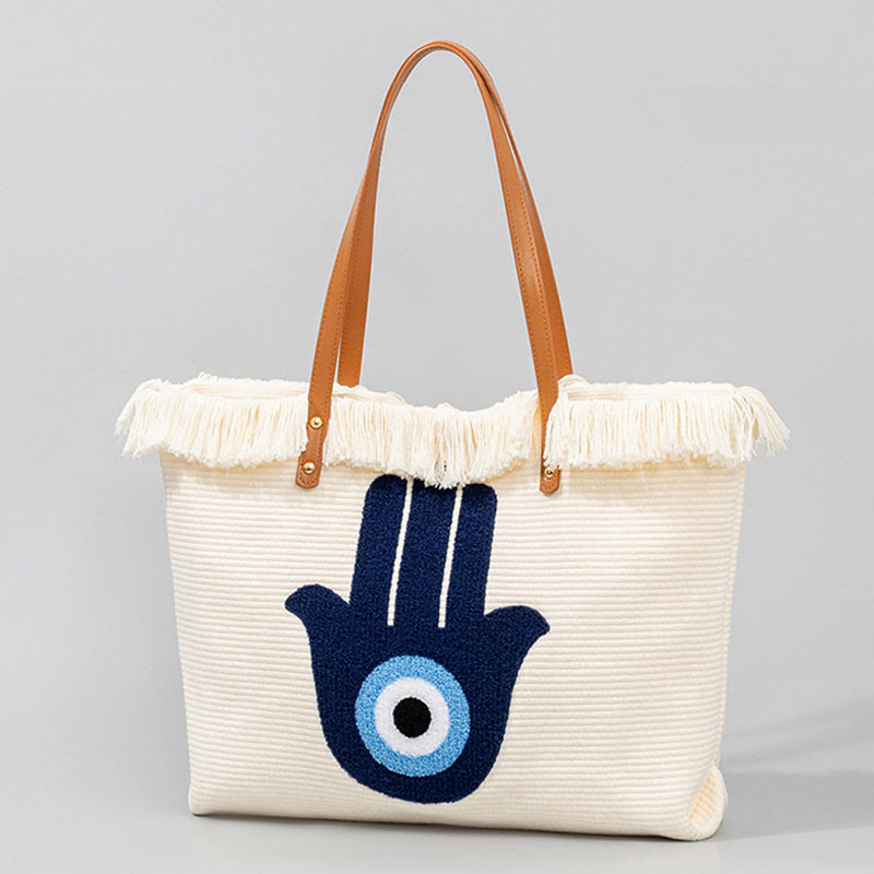 Buddha Stones Large Capacity Evil Eye Leaf Hamsa Tassel Canvas Tote Shoulder Bag - image 16