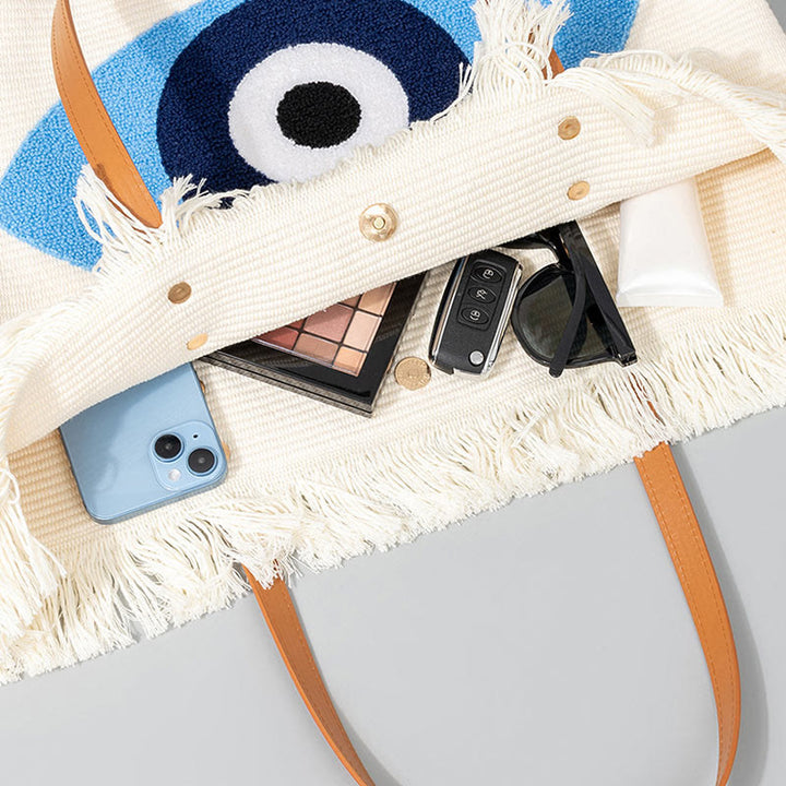 Buddha Stones Large Capacity Evil Eye Leaf Hamsa Tassel Canvas Tote Shoulder Bag - image 2