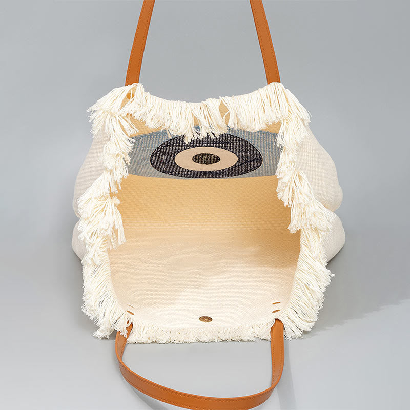 Buddha Stones Large Capacity Evil Eye Leaf Hamsa Tassel Canvas Tote Shoulder Bag - image 1