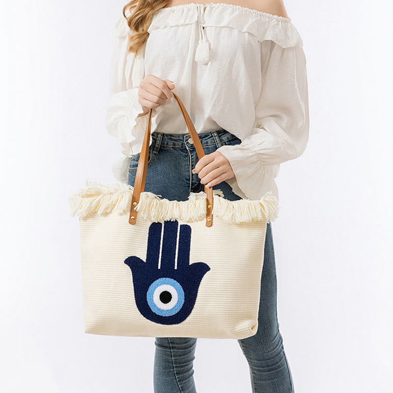Buddha Stones Large Capacity Evil Eye Leaf Hamsa Tassel Canvas Tote Shoulder Bag - image 20