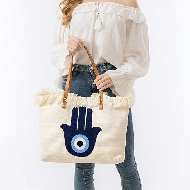 Buddha Stones Large Capacity Evil Eye Leaf Hamsa Tassel Canvas Tote Shoulder Bag - image 20