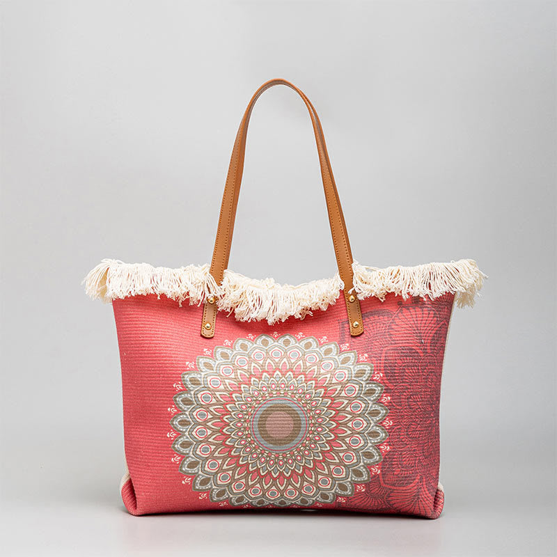 Buddha Stones Large Capacity Dreamcatcher Mandala Tassel Canvas Tote Shoulder Bag - Mandala 50*10*30cm - image 7